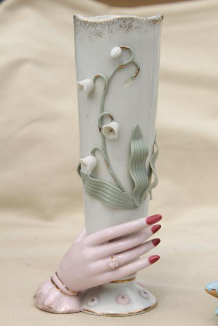 photo of collection vintage ladies hand vases figurines, lady-like white & pink porcelain show of hands #16