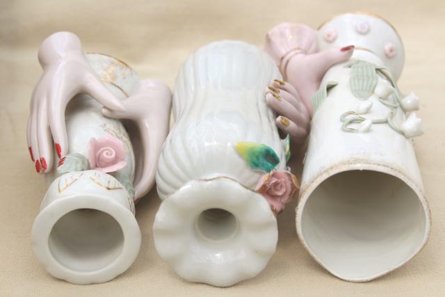 photo of collection vintage ladies hand vases figurines, lady-like white & pink porcelain show of hands #18