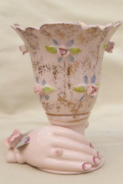 photo of collection vintage ladies hand vases figurines, lady-like white & pink porcelain show of hands #19