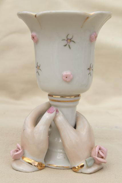 photo of collection vintage ladies hand vases figurines, lady-like white & pink porcelain show of hands #21