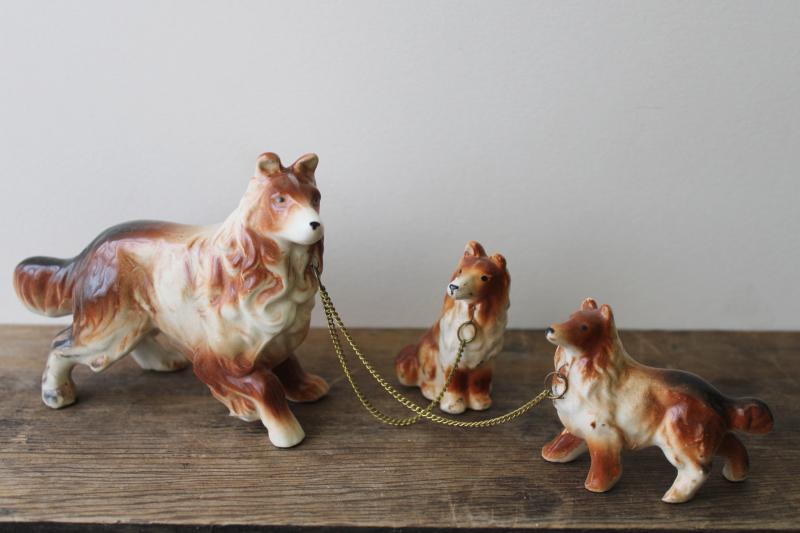 photo of collie dog family vintage Japan china figurines, mother & puppies w/ chain leash #1