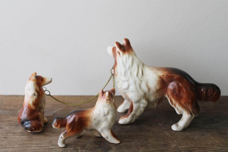 photo of collie dog family vintage Japan china figurines, mother & puppies w/ chain leash #3