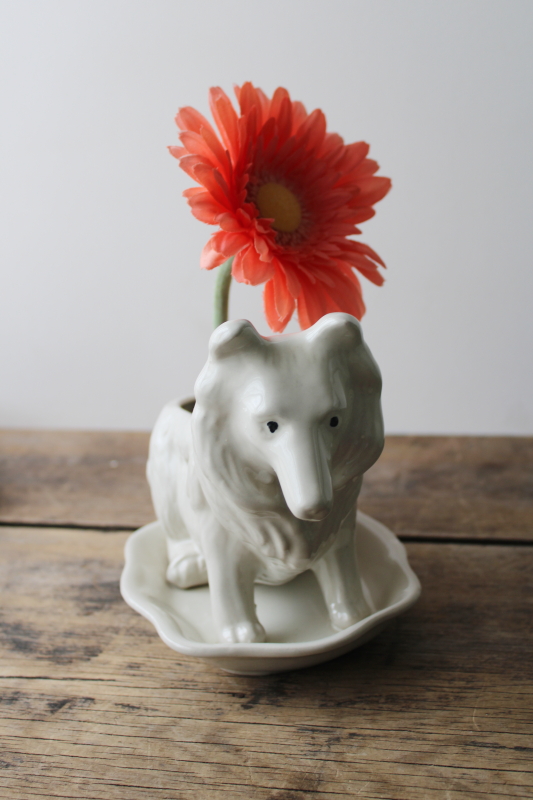 photo of collie dog vintage ceramic planter pot w/ tray, plain white minimalist mod catch all caddy #1