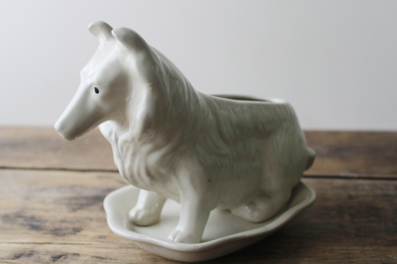 photo of collie dog vintage ceramic planter pot w/ tray, plain white minimalist mod catch all caddy #2