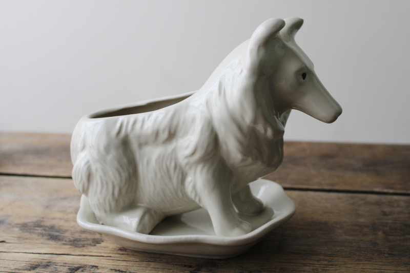 photo of collie dog vintage ceramic planter pot w/ tray, plain white minimalist mod catch all caddy #3