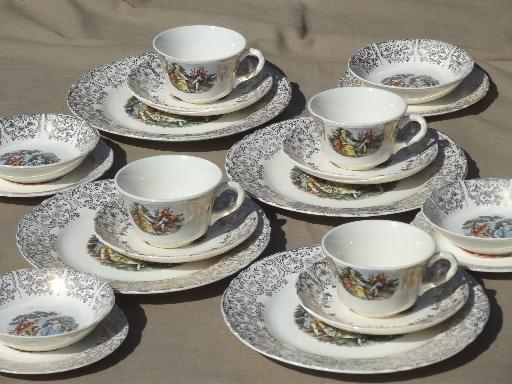 photo of colonial couple pattern luncheon set, vintage W S George china w/ french scenes #1