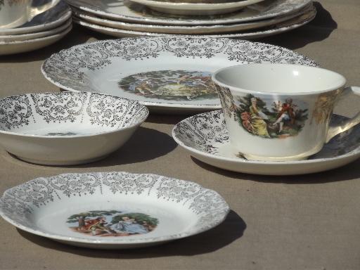 photo of colonial couple pattern luncheon set, vintage W S George china w/ french scenes #3