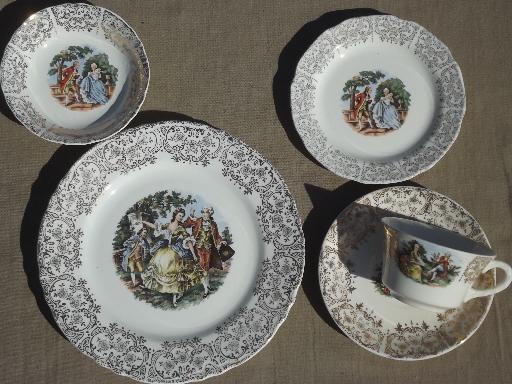 photo of colonial couple pattern luncheon set, vintage W S George china w/ french scenes #4