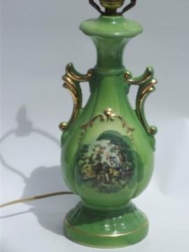 catalog photo of colonial courting couple painted china table lamp, 1940s vintage