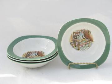 catalog photo of colonial kitchen hearth scene Taylor Smith & Taylor china, vintage bowls lot