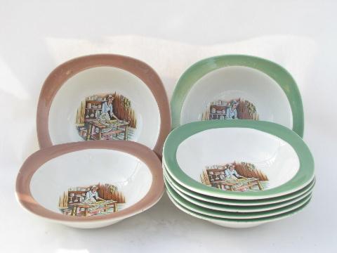 photo of colonial kitchen hearth scene Taylor Smith & Taylor china, vintage bowls lot #1