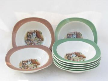 catalog photo of colonial kitchen hearth scene Taylor Smith & Taylor china, vintage bowls lot