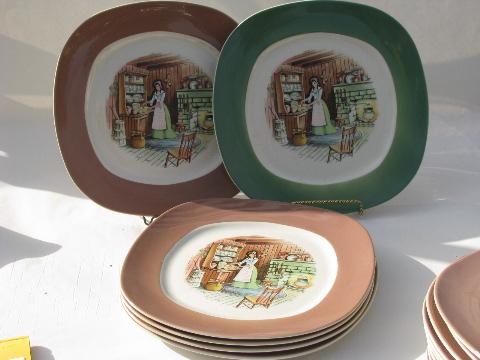 photo of colonial kitchen hearth scene Taylor Smith & Taylor china, vintage dinner plates lot #1