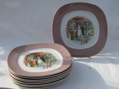 photo of colonial kitchen hearth scene Taylor Smith & Taylor china, vintage dinner plates lot #1