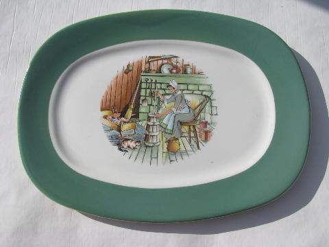 photo of colonial kitchen hearth scene Taylor Smith & Taylor china, vintage platters lot #2