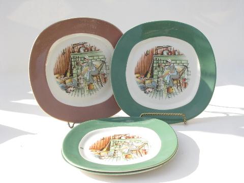 photo of colonial kitchen hearth scene Taylor Smith & Taylor china, vintage salad plates lot #1