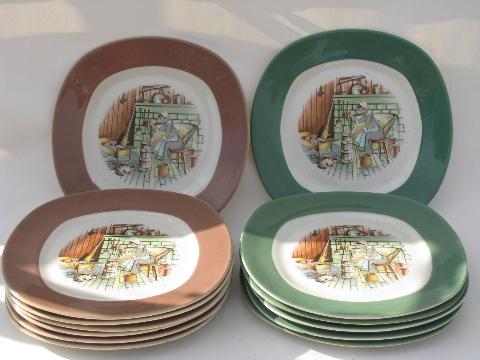 photo of colonial kitchen hearth scene Taylor Smith & Taylor china, vintage salad plates lot #1