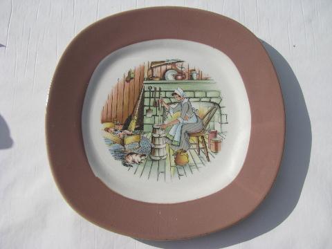 photo of colonial kitchen hearth scene Taylor Smith & Taylor china, vintage salad plates lot #2