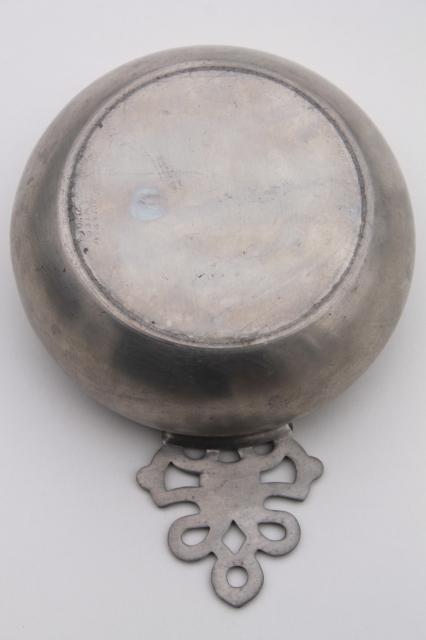 photo of colonial style vintage pewter porringers, antique reproduction metalware  #3