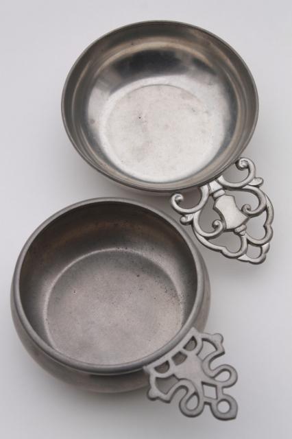 photo of colonial style vintage pewter porringers, antique reproduction metalware  #5