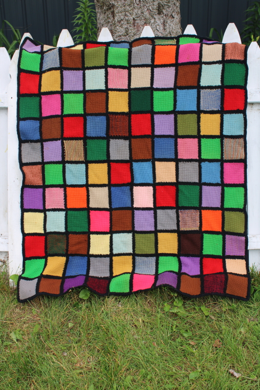 photo of color blocks & black stained glass window afghan, vintage wool blanket hand woven squares #1