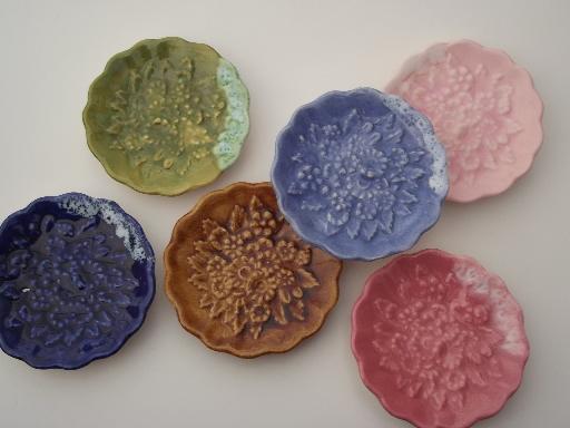 photo of colored flowers vintage ceramic butter pat plates set, handmade #1