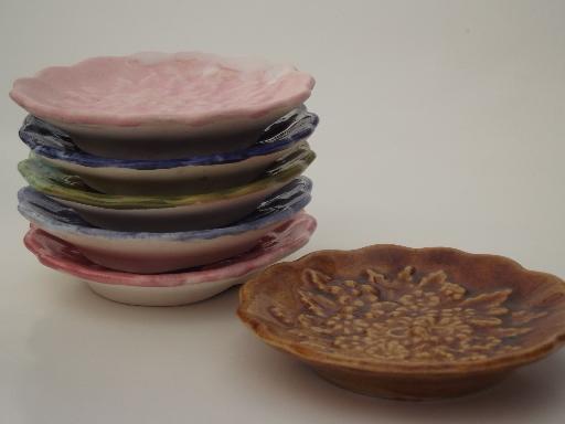 photo of colored flowers vintage ceramic butter pat plates set, handmade #6
