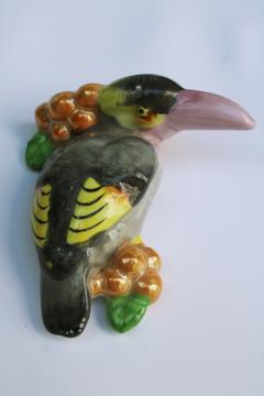 catalog photo of colorful toucan bird wall pocket vase, vintage Made in Japan hand painted ceramic 