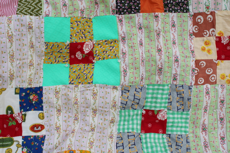 photo of colorful vintage patchwork quilt, 60s 70s retro print fabric blocks, boho style #2