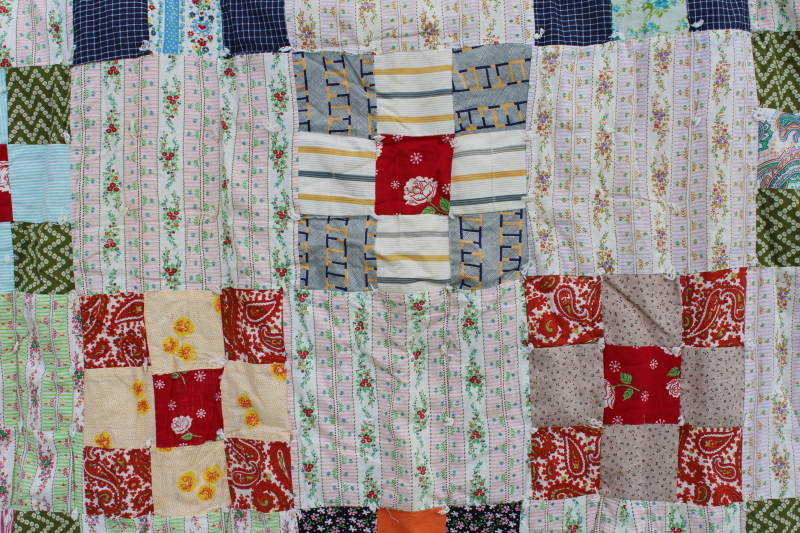 photo of colorful vintage patchwork quilt, 60s 70s retro print fabric blocks, boho style #3