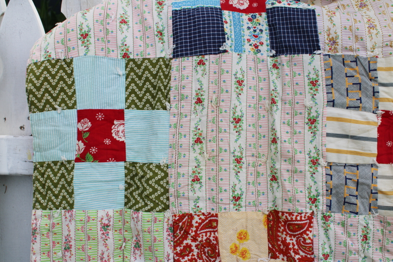 photo of colorful vintage patchwork quilt, 60s 70s retro print fabric blocks, boho style #4