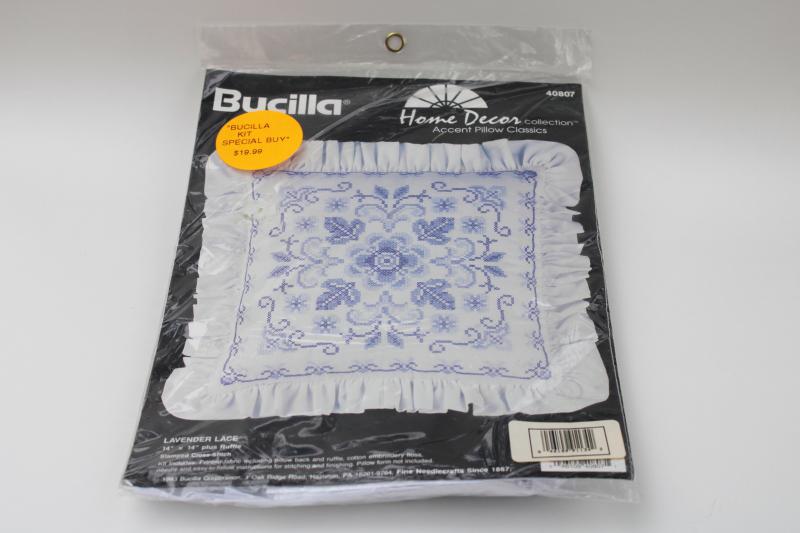 photo of complete Bucilla kit stamped cross-stitch embroidery pillow Lavender Lace blue & whit #1