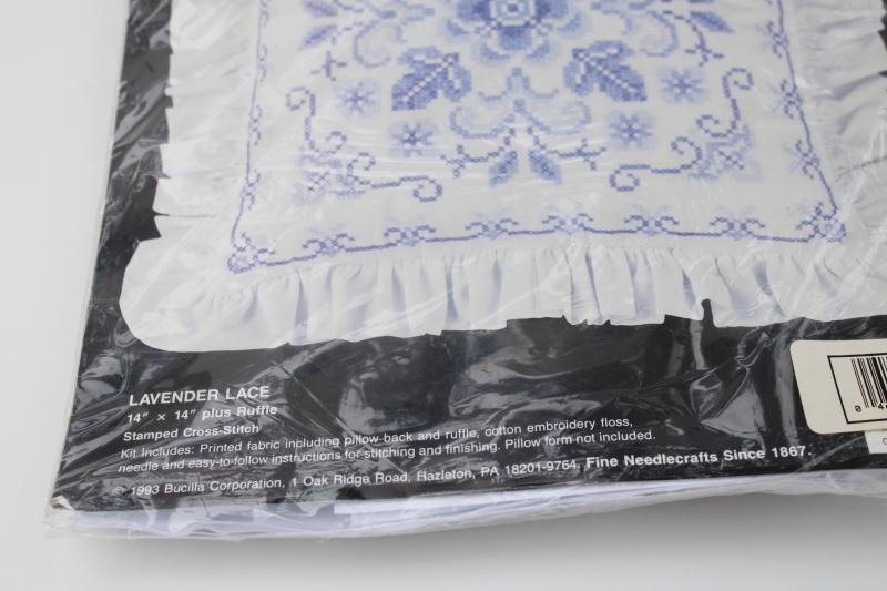 photo of complete Bucilla kit stamped cross-stitch embroidery pillow Lavender Lace blue & whit #2