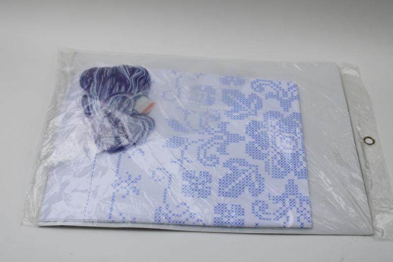 photo of complete Bucilla kit stamped cross-stitch embroidery pillow Lavender Lace blue & whit #3