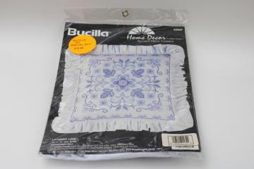 catalog photo of complete Bucilla kit stamped cross-stitch embroidery pillow Lavender Lace blue & whit