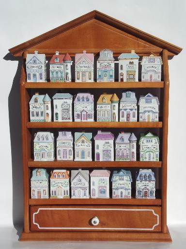 photo of complete Lenox china Spice Village spices jars set and wood wall rack shelf #1
