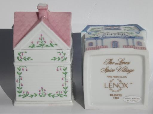 photo of complete Lenox china Spice Village spices jars set and wood wall rack shelf #10
