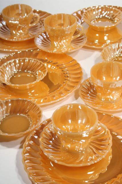 photo of complete set vintage Anchor Hocking Fire King swirl glass dishes, peach luster copper tint #3