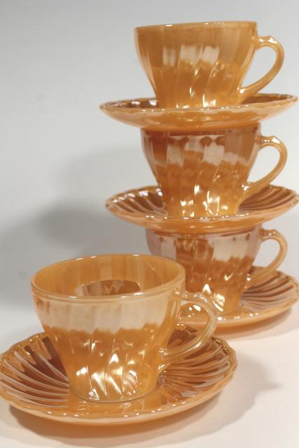 photo of complete set vintage Anchor Hocking Fire King swirl glass dishes, peach luster copper tint #7