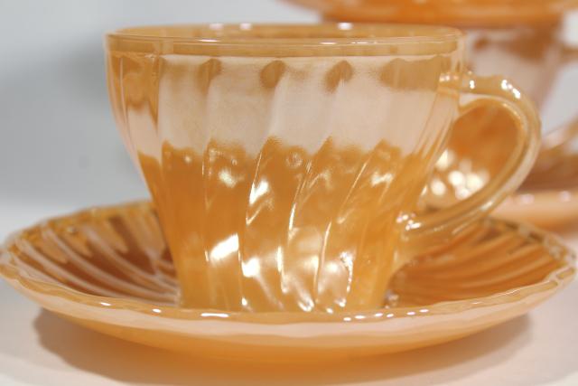 photo of complete set vintage Anchor Hocking Fire King swirl glass dishes, peach luster copper tint #8