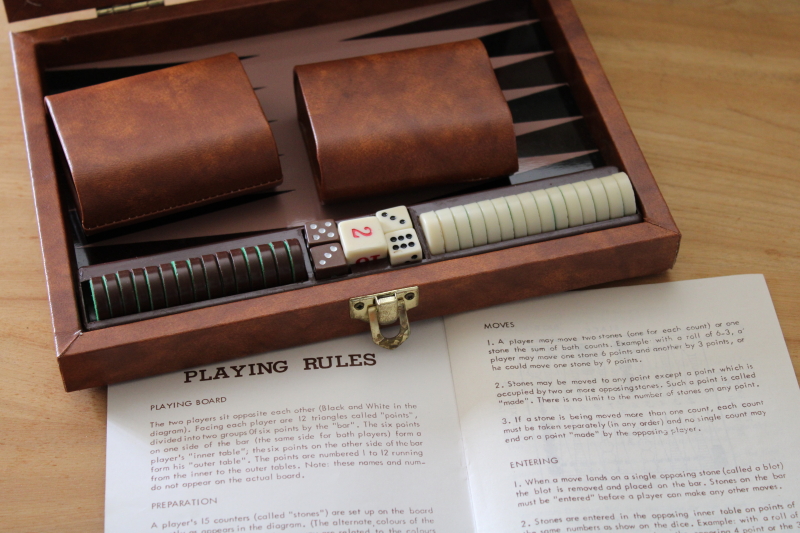 photo of complete vintage travel backgammon game set, magnetic board & playing pieces in leather look case #2