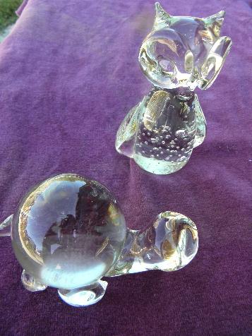 photo of controlled bubbles vintage art glass paperweights, crystal owl & turtle #1