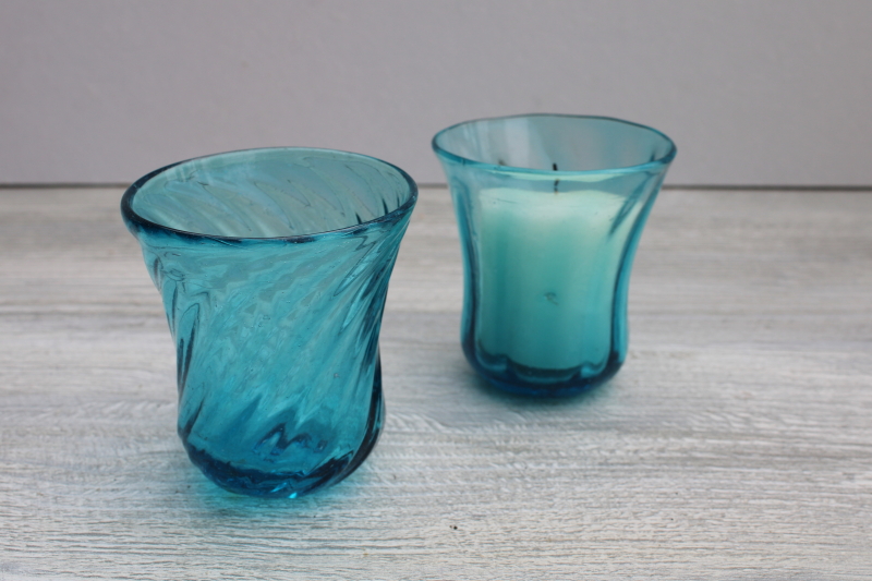 photo of cool aqua blue hand blown glass votive candle holders, vintage Mexico art glass #1