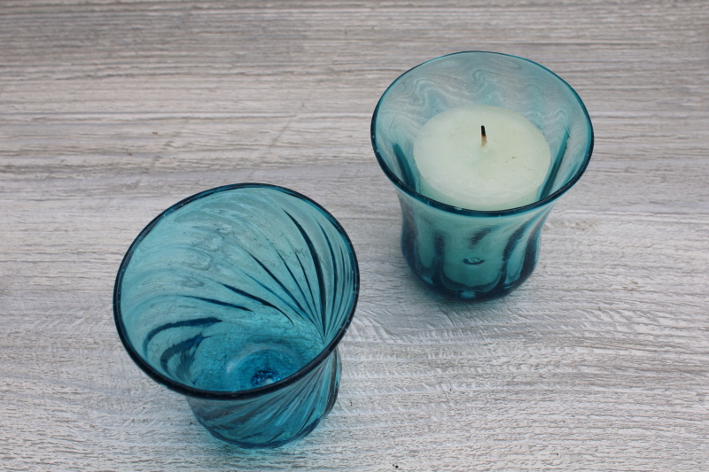 photo of cool aqua blue hand blown glass votive candle holders, vintage Mexico art glass #2