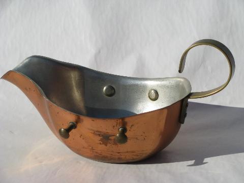 photo of copper and brass gravy or sauce boat, pitcher on candle warmer stand #3