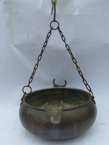 photo of copper campfire kettle, hanging pot w/ brass longhorns, western ranch style #1