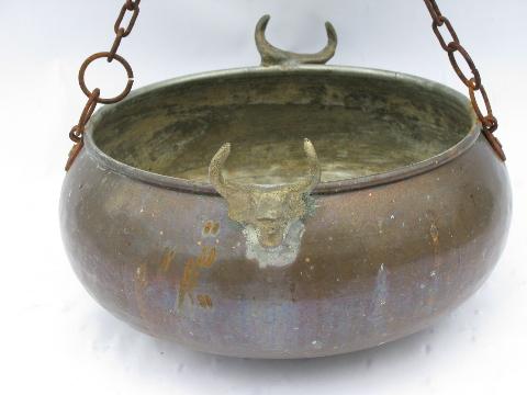 photo of copper campfire kettle, hanging pot w/ brass longhorns, western ranch style #2