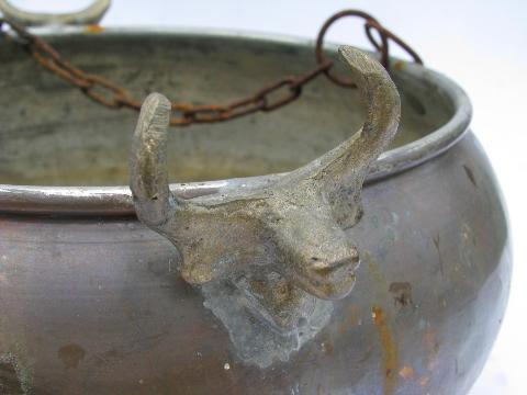 photo of copper campfire kettle, hanging pot w/ brass longhorns, western ranch style #5