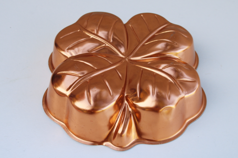 photo of copper color vintage aluminum mold, Irish four leaf clover shamrock jello mold pan #1