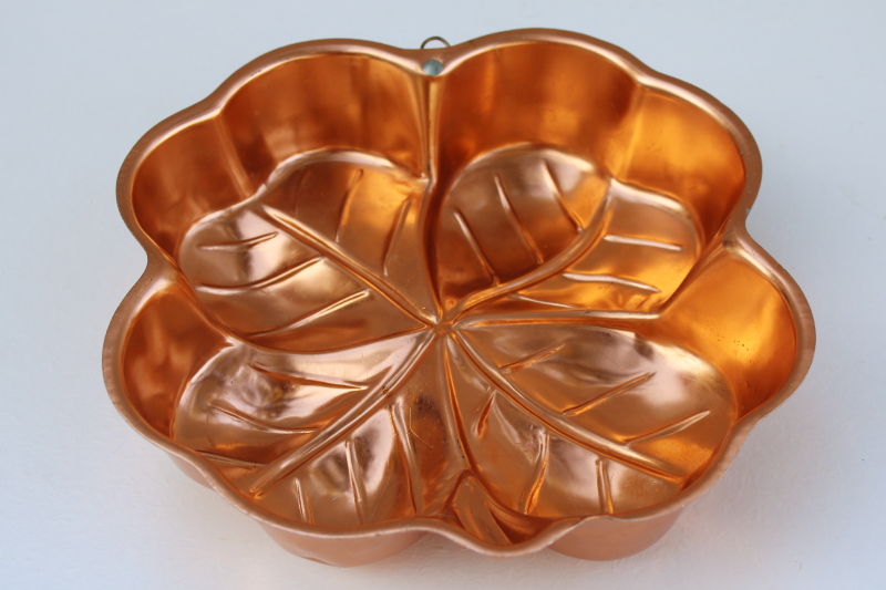 photo of copper color vintage aluminum mold, Irish four leaf clover shamrock jello mold pan #3